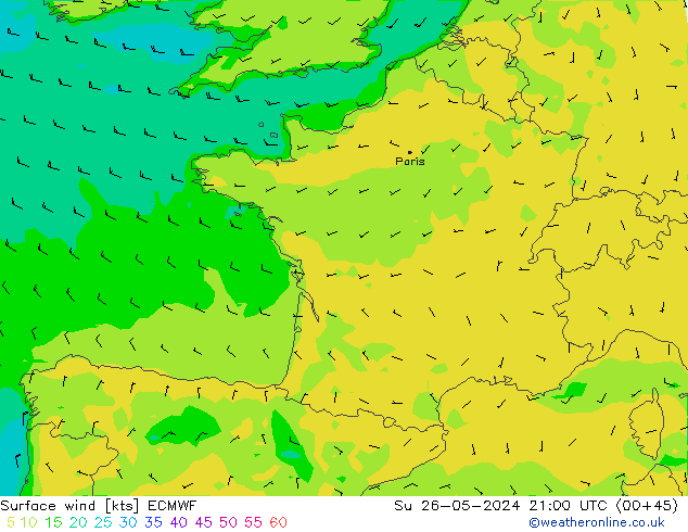 Rüzgar 10 m ECMWF Paz 26.05.2024 21 UTC