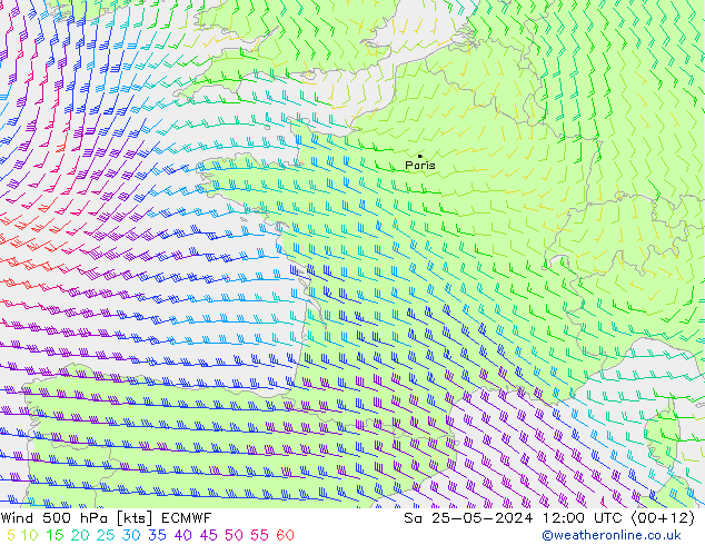 Wind 500 hPa ECMWF Sa 25.05.2024 12 UTC