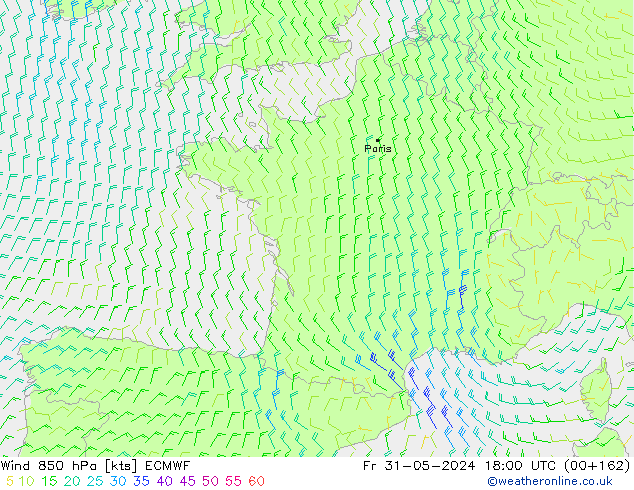 Rüzgar 850 hPa ECMWF Cu 31.05.2024 18 UTC