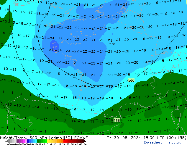 Z500/Rain (+SLP)/Z850 ECMWF gio 30.05.2024 18 UTC