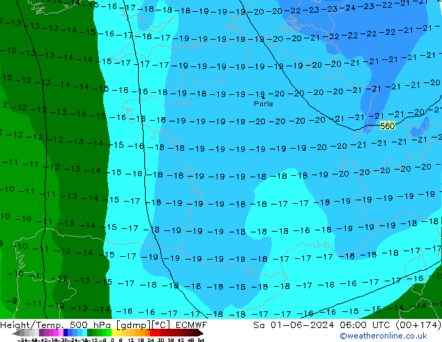 Hoogte/Temp. 500 hPa ECMWF za 01.06.2024 06 UTC