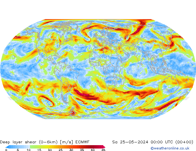 Deep layer shear (0-6km) ECMWF Sa 25.05.2024 00 UTC