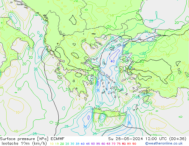 Isotachs (kph) ECMWF dim 26.05.2024 12 UTC