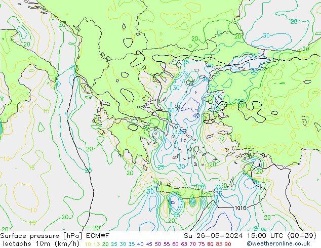 Isotachs (kph) ECMWF Su 26.05.2024 15 UTC