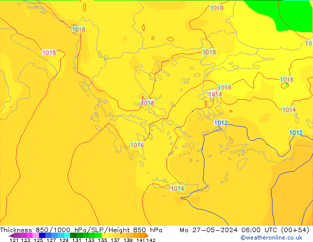 Espesor 850-1000 hPa ECMWF lun 27.05.2024 06 UTC