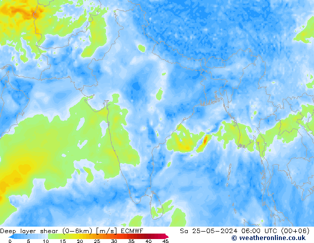 Deep layer shear (0-6km) ECMWF sam 25.05.2024 06 UTC