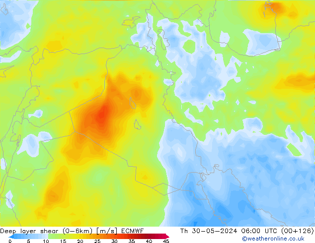 Deep layer shear (0-6km) ECMWF Th 30.05.2024 06 UTC