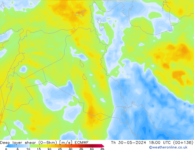 Deep layer shear (0-6km) ECMWF jue 30.05.2024 18 UTC