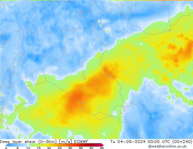 Deep layer shear (0-6km) ECMWF Tu 04.06.2024 00 UTC