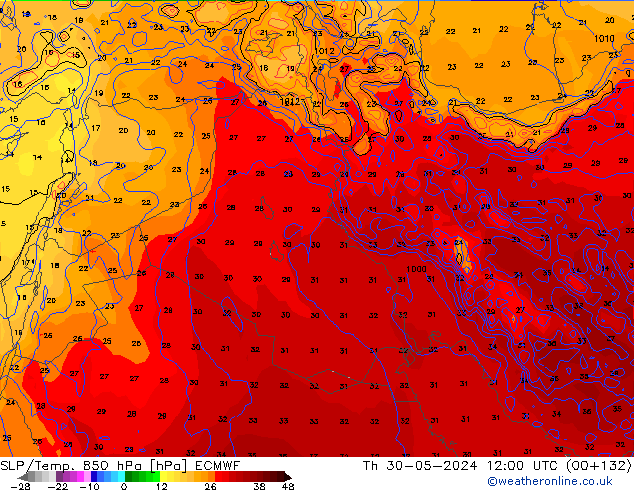 SLP/Temp. 850 hPa ECMWF czw. 30.05.2024 12 UTC