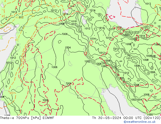 Theta-e 700hPa ECMWF czw. 30.05.2024 00 UTC