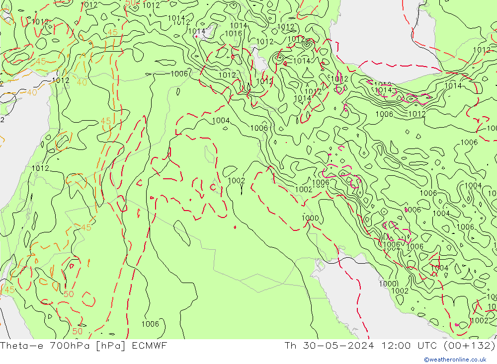 Theta-e 700hPa ECMWF czw. 30.05.2024 12 UTC