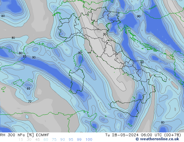 RH 300 hPa ECMWF Út 28.05.2024 06 UTC