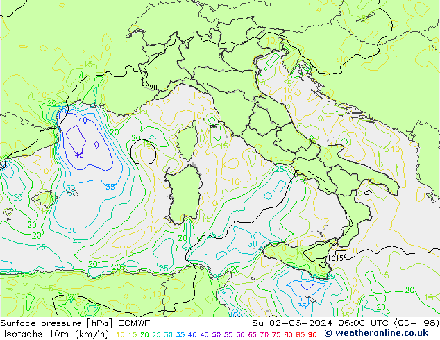 Izotacha (km/godz) ECMWF nie. 02.06.2024 06 UTC