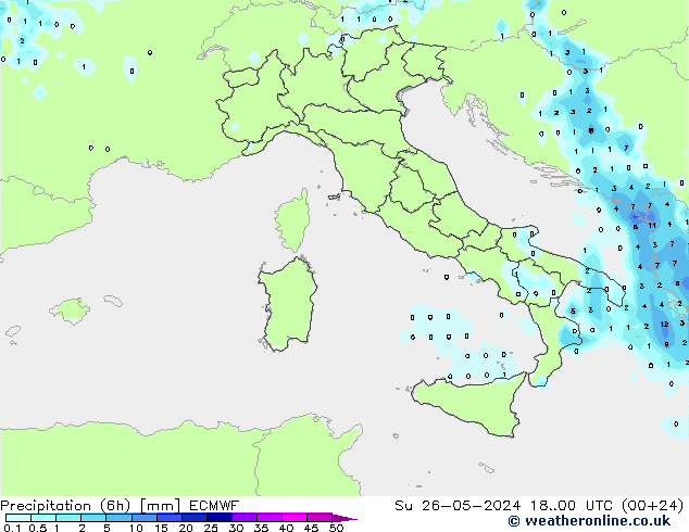 осадки (6h) ECMWF Вс 26.05.2024 00 UTC