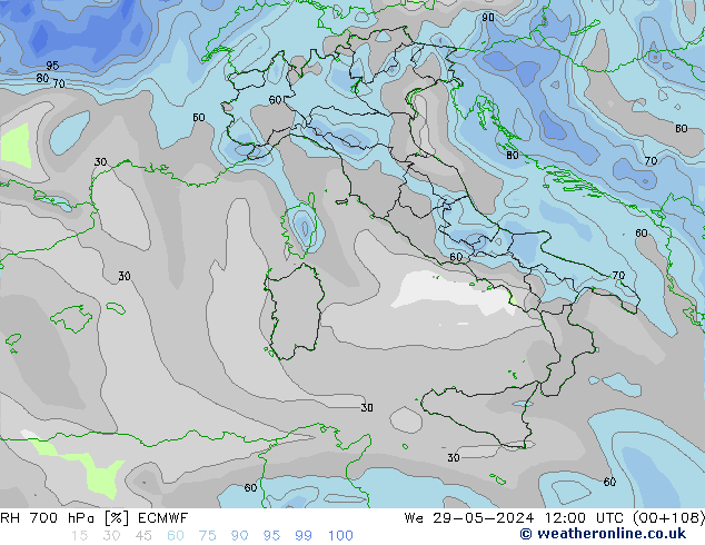 RH 700 hPa ECMWF Qua 29.05.2024 12 UTC