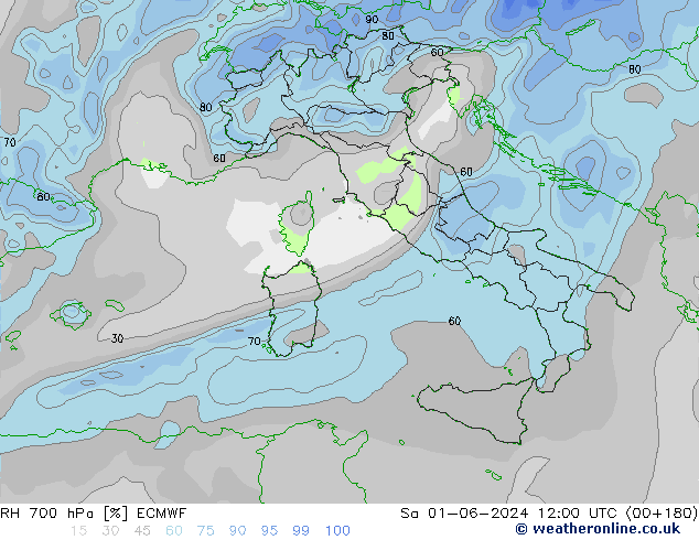 RH 700 hPa ECMWF sab 01.06.2024 12 UTC