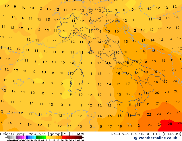 Height/Temp. 850 hPa ECMWF Tu 04.06.2024 00 UTC