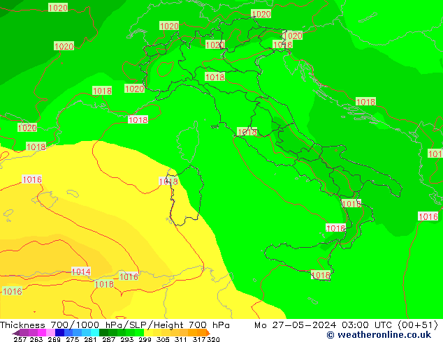 Thck 700-1000 hPa ECMWF Mo 27.05.2024 03 UTC