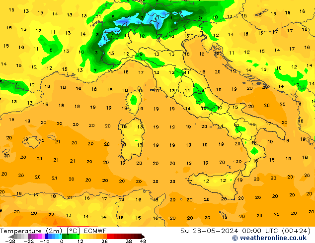 Sıcaklık Haritası (2m) ECMWF Paz 26.05.2024 00 UTC