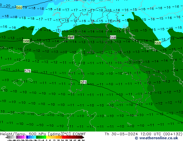 Z500/Rain (+SLP)/Z850 ECMWF Čt 30.05.2024 12 UTC