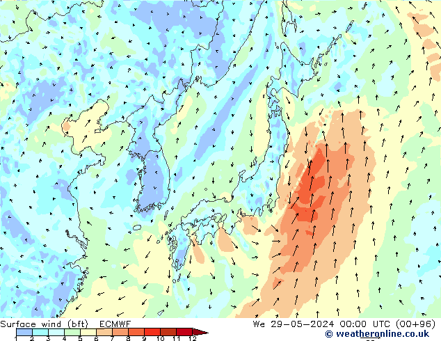 Wind 10 m (bft) ECMWF wo 29.05.2024 00 UTC