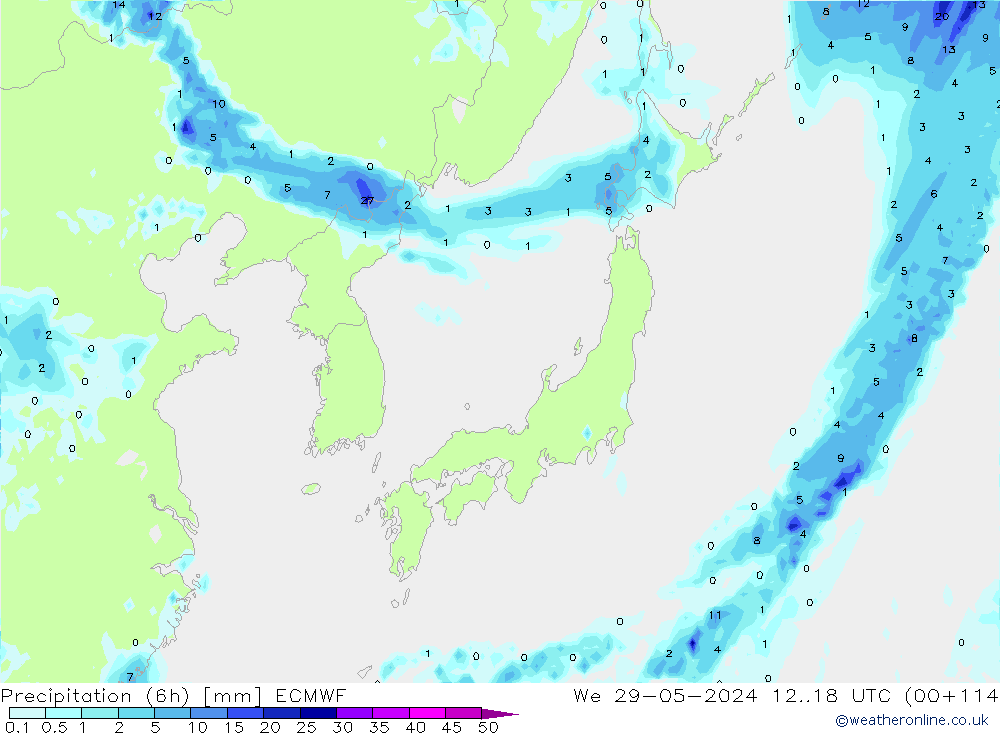 Totale neerslag (6h) ECMWF wo 29.05.2024 18 UTC