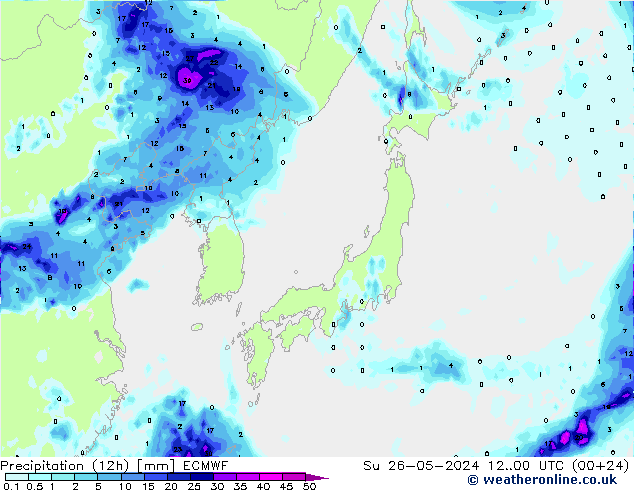 Precipitation (12h) ECMWF Su 26.05.2024 00 UTC