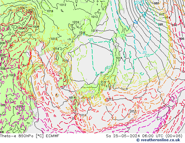 Theta-e 850hPa ECMWF so. 25.05.2024 06 UTC