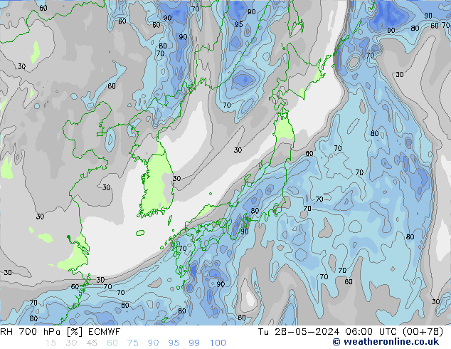 RH 700 hPa ECMWF mar 28.05.2024 06 UTC