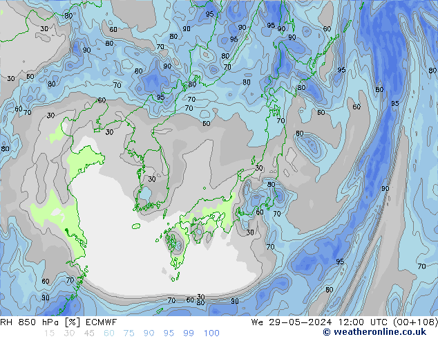 RH 850 hPa ECMWF śro. 29.05.2024 12 UTC