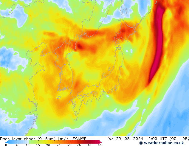 Deep layer shear (0-6km) ECMWF We 29.05.2024 12 UTC