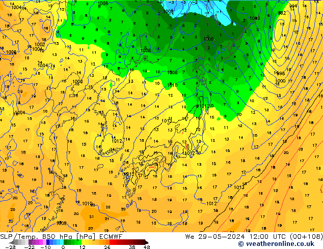 SLP/Temp. 850 hPa ECMWF Mi 29.05.2024 12 UTC