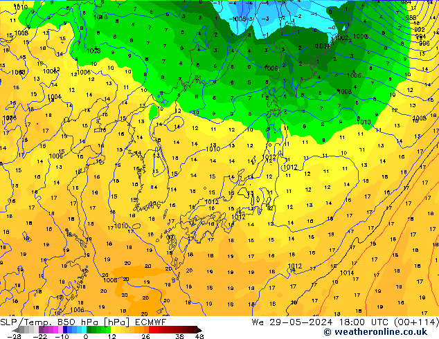 SLP/Temp. 850 hPa ECMWF wo 29.05.2024 18 UTC