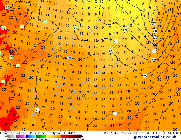 Height/Temp. 925 hPa ECMWF Qua 29.05.2024 12 UTC