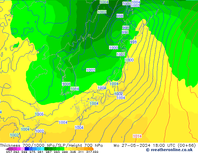 Schichtdicke 700-1000 hPa ECMWF Mo 27.05.2024 18 UTC