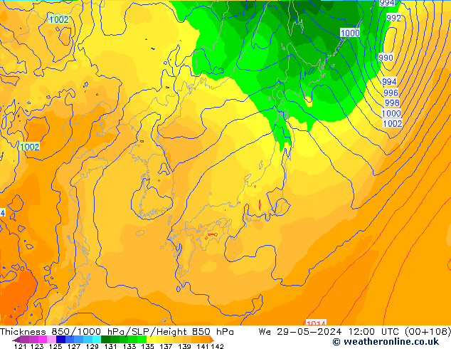 Thck 850-1000 гПа ECMWF ср 29.05.2024 12 UTC