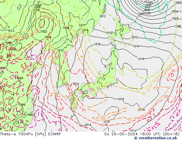 Theta-e 700hPa ECMWF sab 25.05.2024 18 UTC