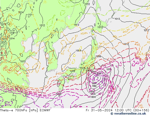 Theta-e 700hPa ECMWF Fr 31.05.2024 12 UTC