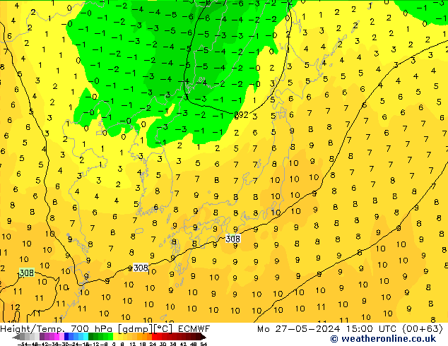 Height/Temp. 700 hPa ECMWF Mo 27.05.2024 15 UTC