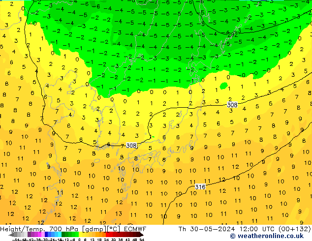 Hoogte/Temp. 700 hPa ECMWF do 30.05.2024 12 UTC