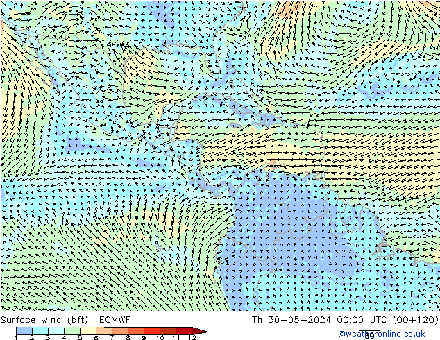 Surface wind (bft) ECMWF Čt 30.05.2024 00 UTC