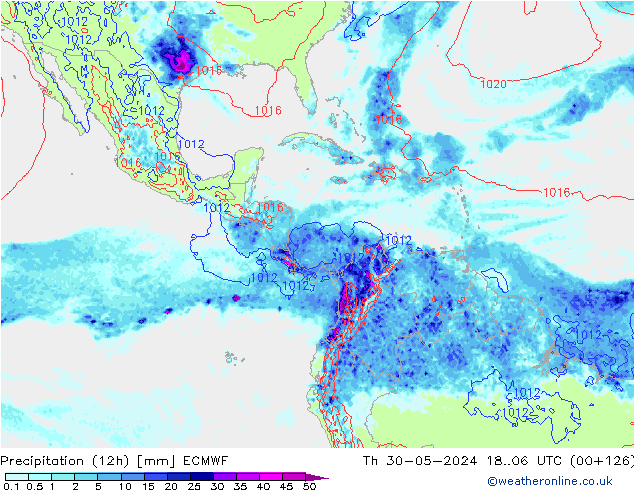 Totale neerslag (12h) ECMWF do 30.05.2024 06 UTC