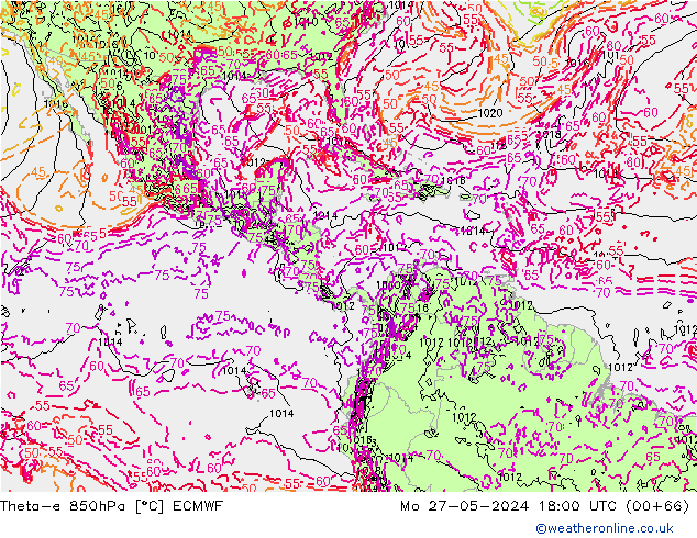 Theta-e 850hPa ECMWF pon. 27.05.2024 18 UTC