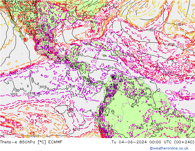 Theta-e 850hPa ECMWF Tu 04.06.2024 00 UTC