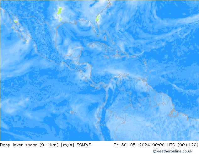 Deep layer shear (0-1km) ECMWF do 30.05.2024 00 UTC