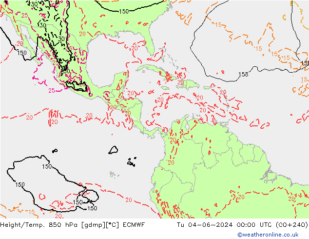 Géop./Temp. 850 hPa ECMWF mar 04.06.2024 00 UTC