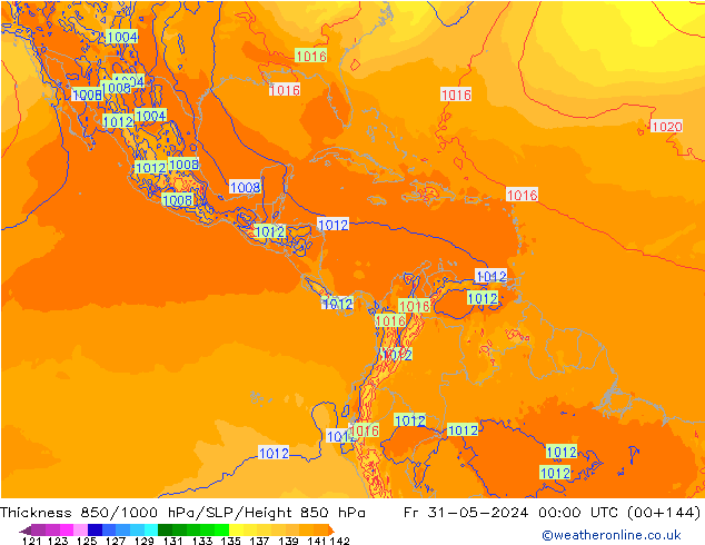 Espesor 850-1000 hPa ECMWF vie 31.05.2024 00 UTC