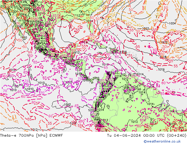 Theta-e 700hPa ECMWF di 04.06.2024 00 UTC