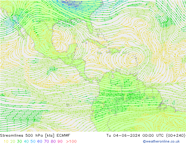 Linha de corrente 500 hPa ECMWF Ter 04.06.2024 00 UTC